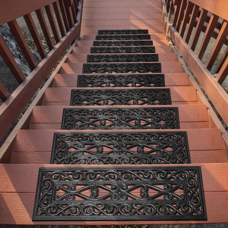 Ottomanson Indoor/Outdoor Hose-Wash Iron Wrought Design Non-Slip Rubber 10" x 30" Modern Stair Treads for Stairs, Garage, Patio, 5 Pack, Black Wrought - Image 1